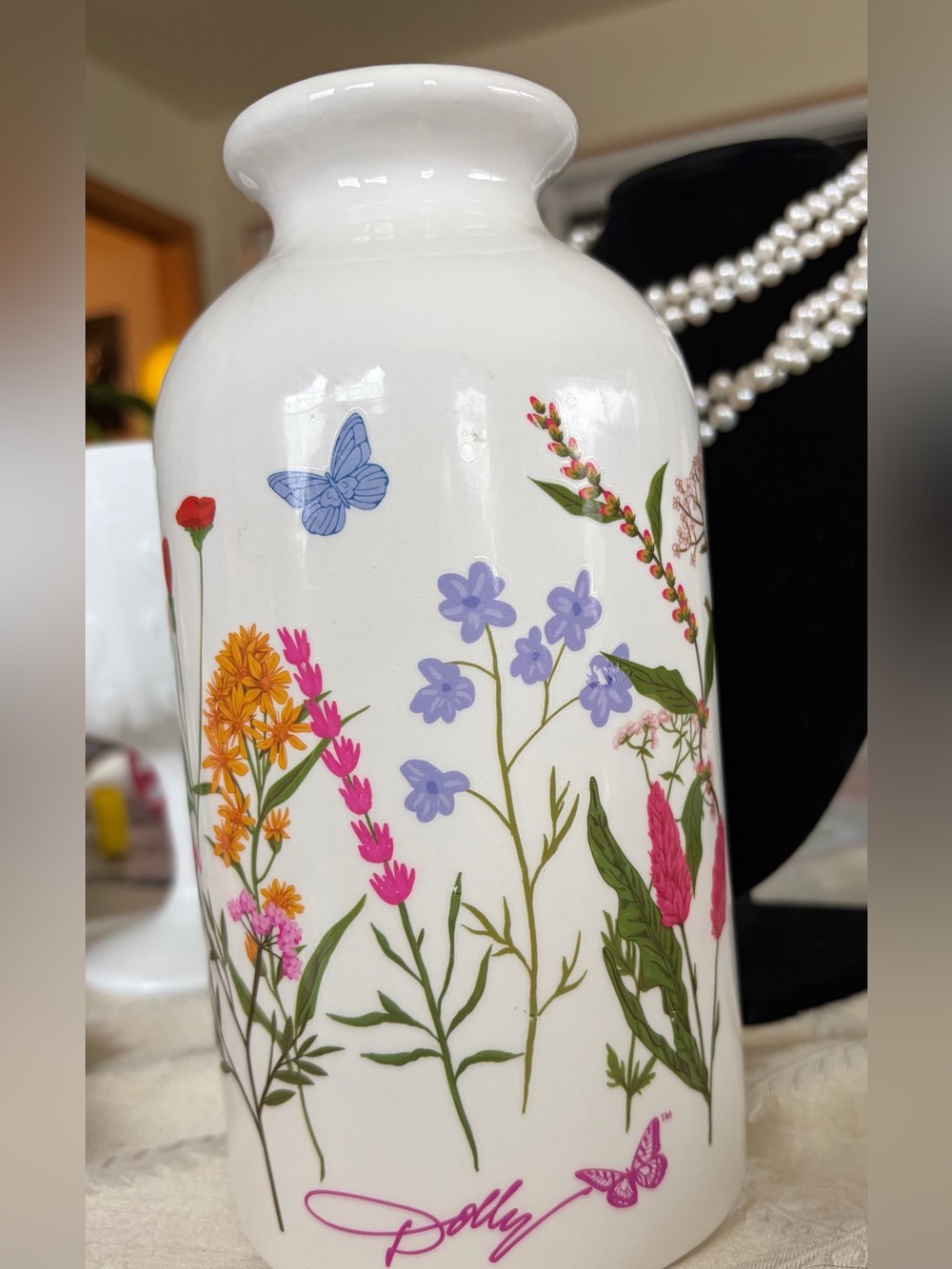 Dolly Parton White Ceramic Vase with Purple and Pink Wildflower Print, New